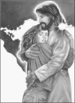 jesus hugging woman in blackandwhite